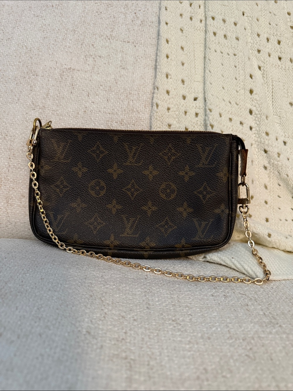Louis Vuitton Monogram Canvas Mini Pochette with Gold Chain
